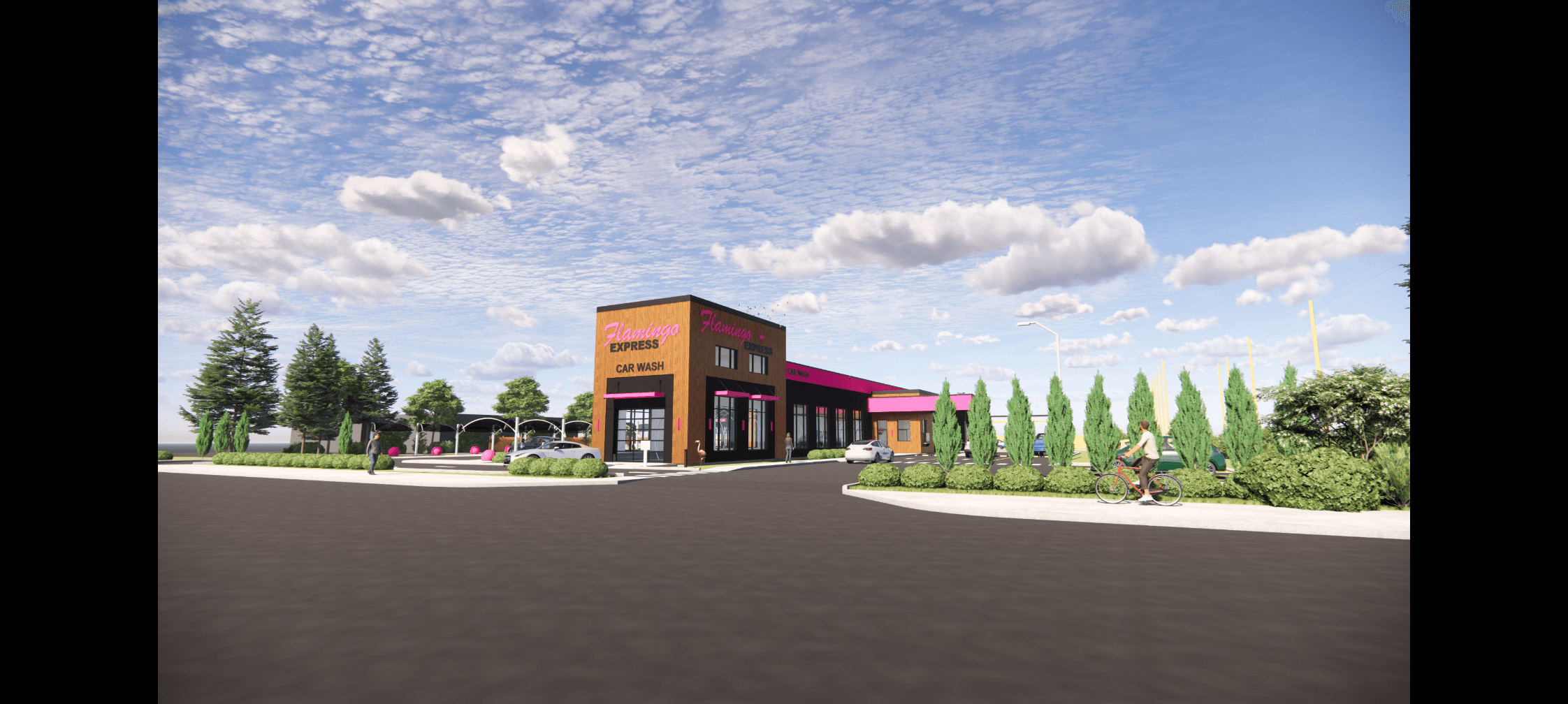 Architectural render of Flamingo Express Car Wash exterior with cedar facade, pink neon signage, and landscaped entry.